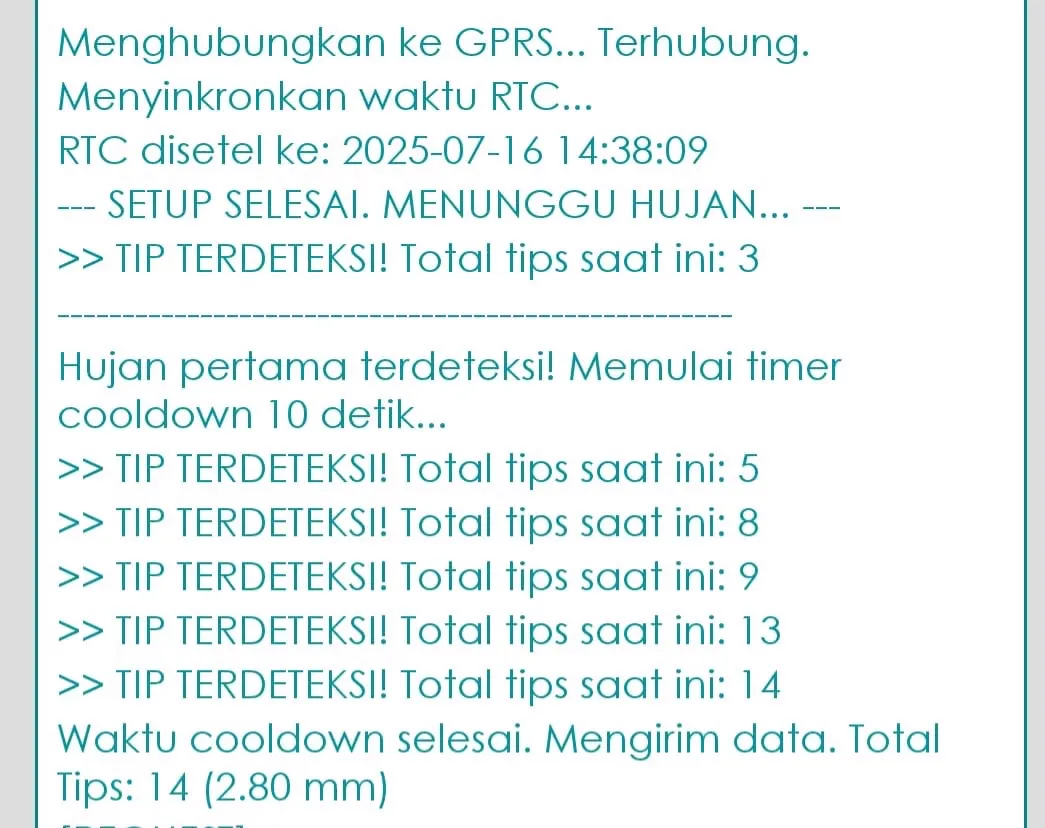 MOSIBAN Bluetooth Serial diagnostics session: GPRS connection log, RTC sync, and tipping-bucket tip counts